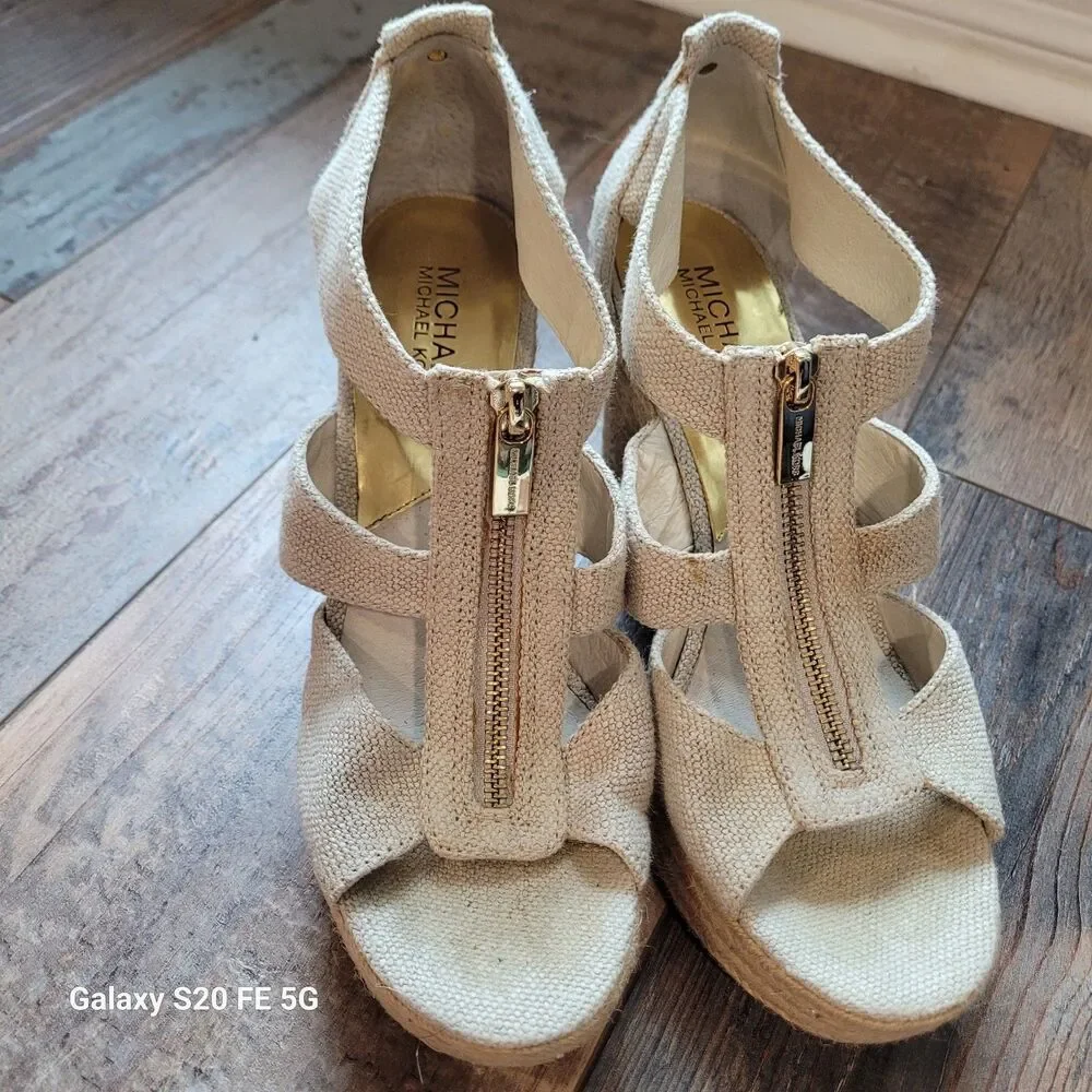Michael Kors Wedge Sandals – Neutral Linen Fabric 7.5 SB9